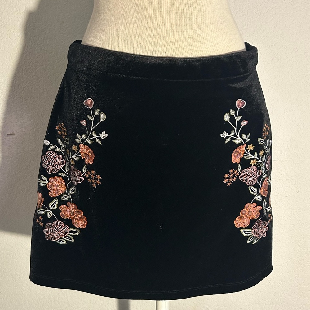 Lost + wander: black velvet embroidered skirt.